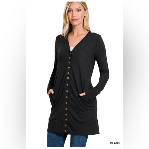 NWT ZENANA PLUS THIGH-LENGTH SNAP BUTTON SWEATER CARDIGAN - Picture 5 of 5